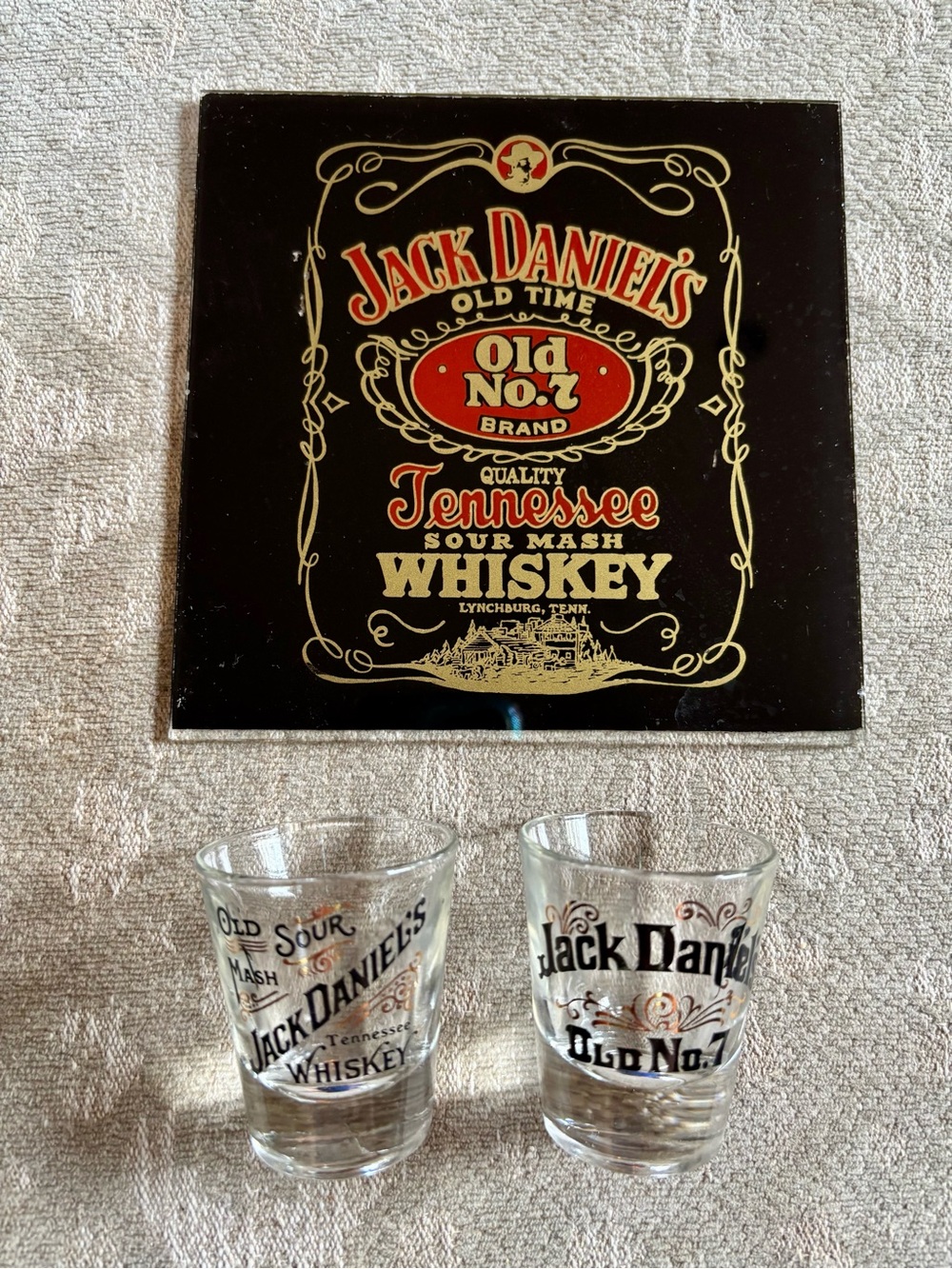 Jack Daniels Logo Shot Glasses and Plaque